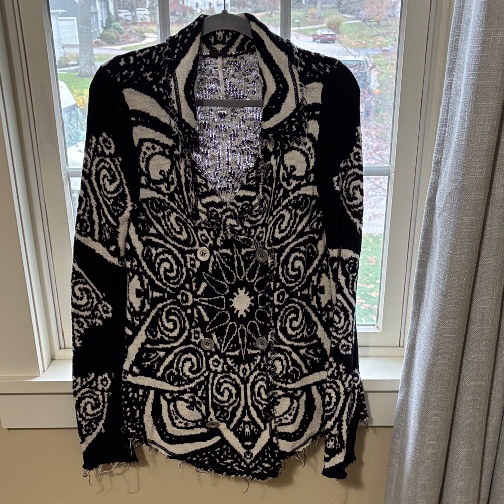 Free People Navy blue and cream Swirl double breasted Cardigan